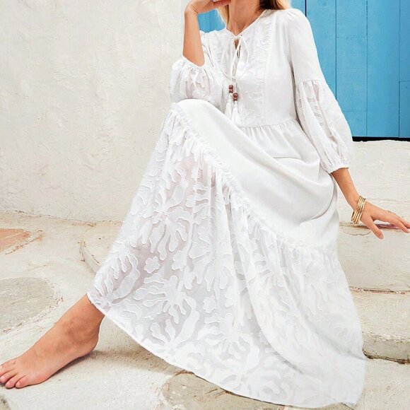 White Boho Women's Loose Tie Neck Ruffled Hem Long Sleeve Dress - Picture 3 of 7